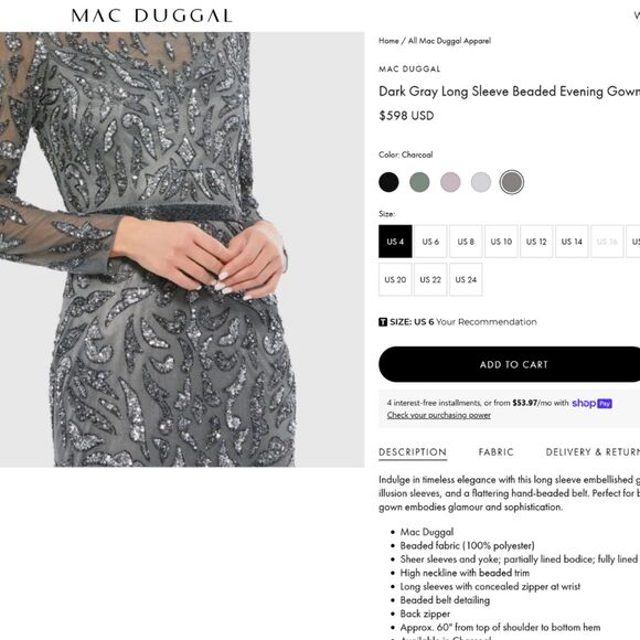 Mac Duggal 5124 Size 4 Charcoal Gray Beaded Long Sleeve Evening Gown Maxi Dress - Picture 3 of 7